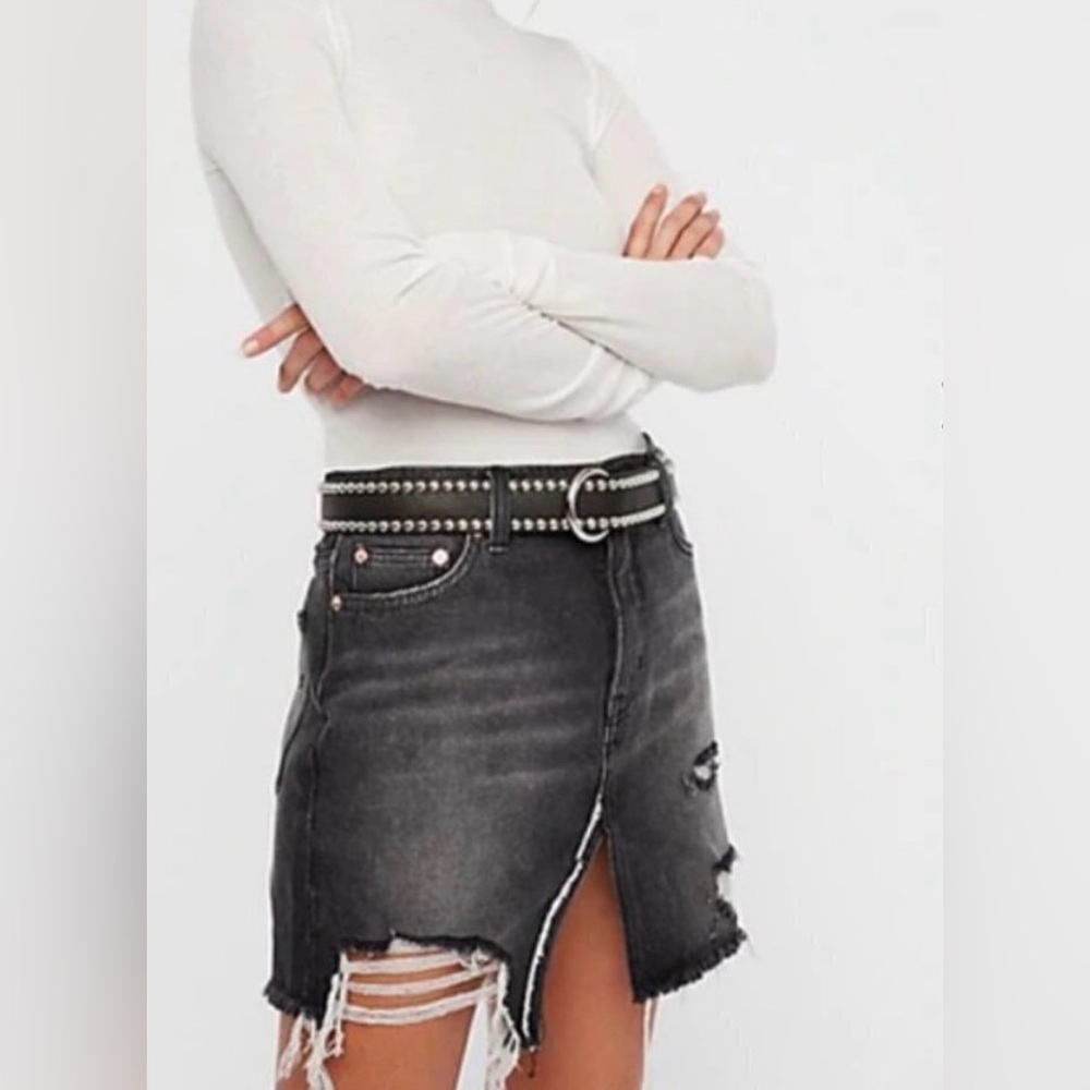 Free People We the Free Distressed Black Denim Split Front Mini Skirt Size 26